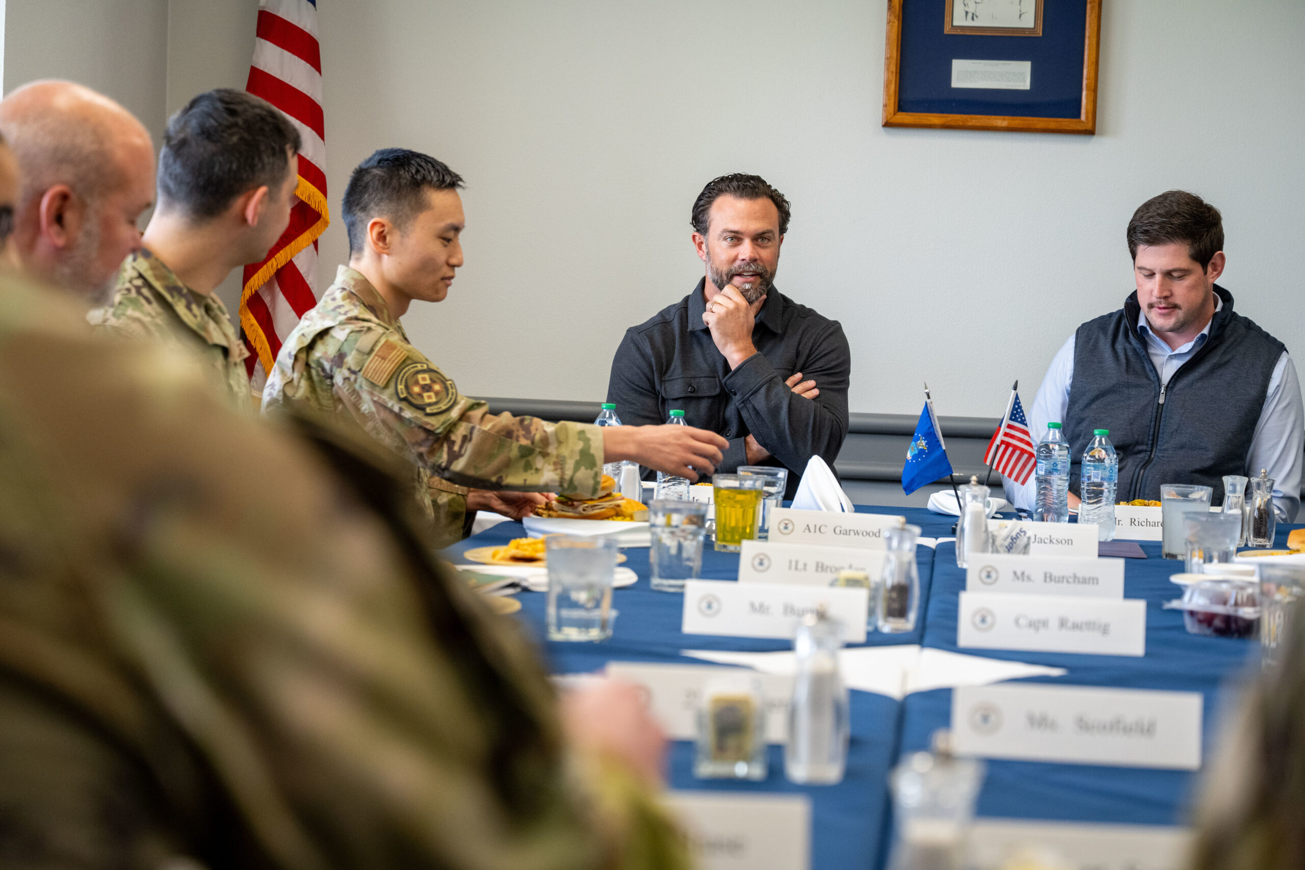 Under Secretary of the Air Force Matt Lohmeier enjoys lunch with Airmen and Guardians
