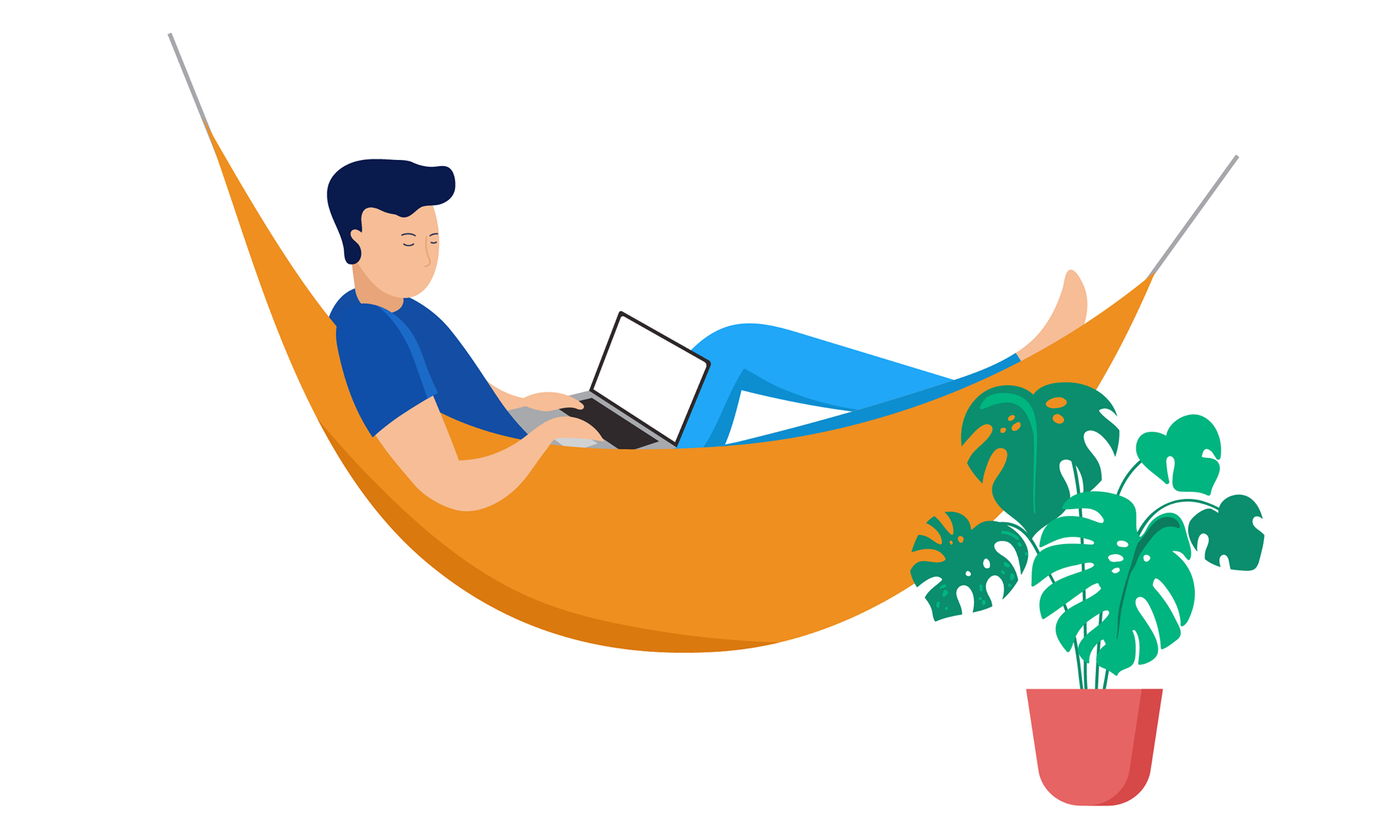 Cartoon person in hammock with laptop