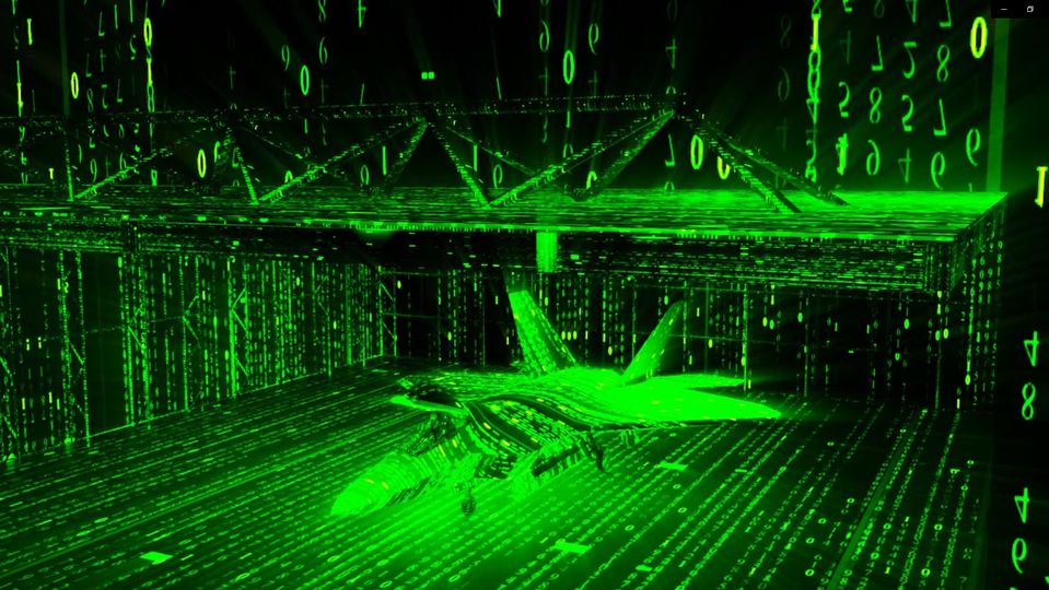 Image of F-22 Raptor sitting within a hangar wrapped in matrix style green symbols and lettering.