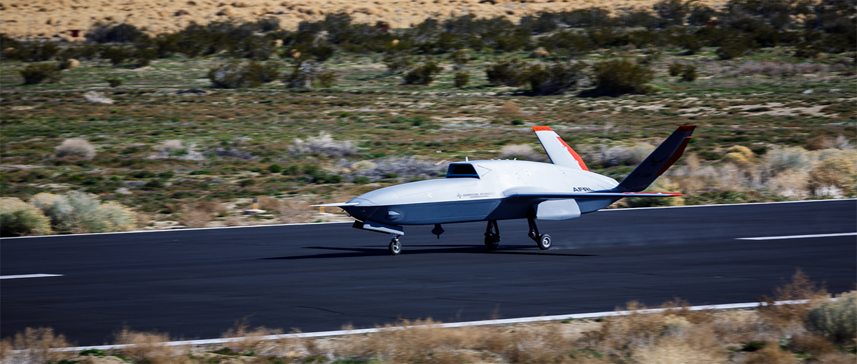 XQ-67A on runway during test flight