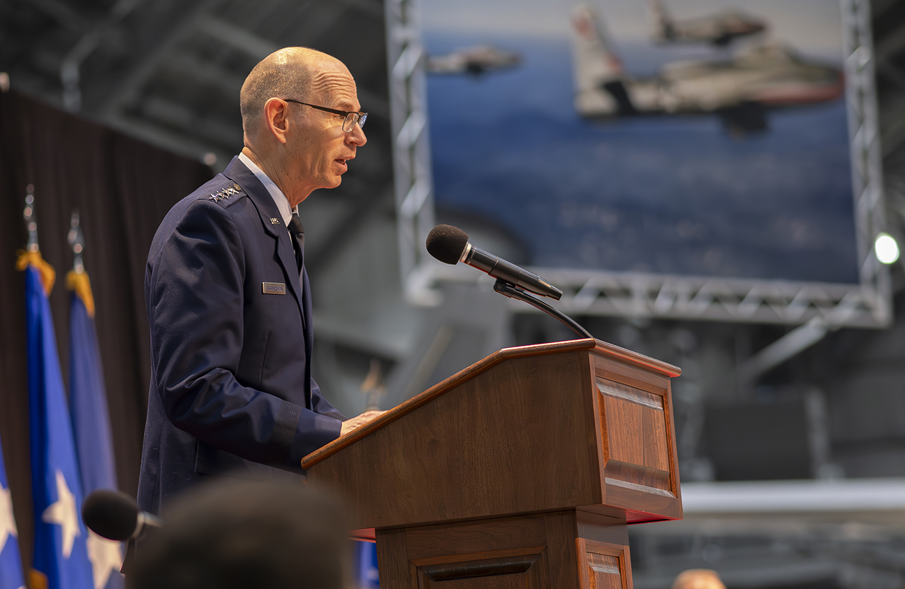 Gen Richardson addressing crown during ceremony