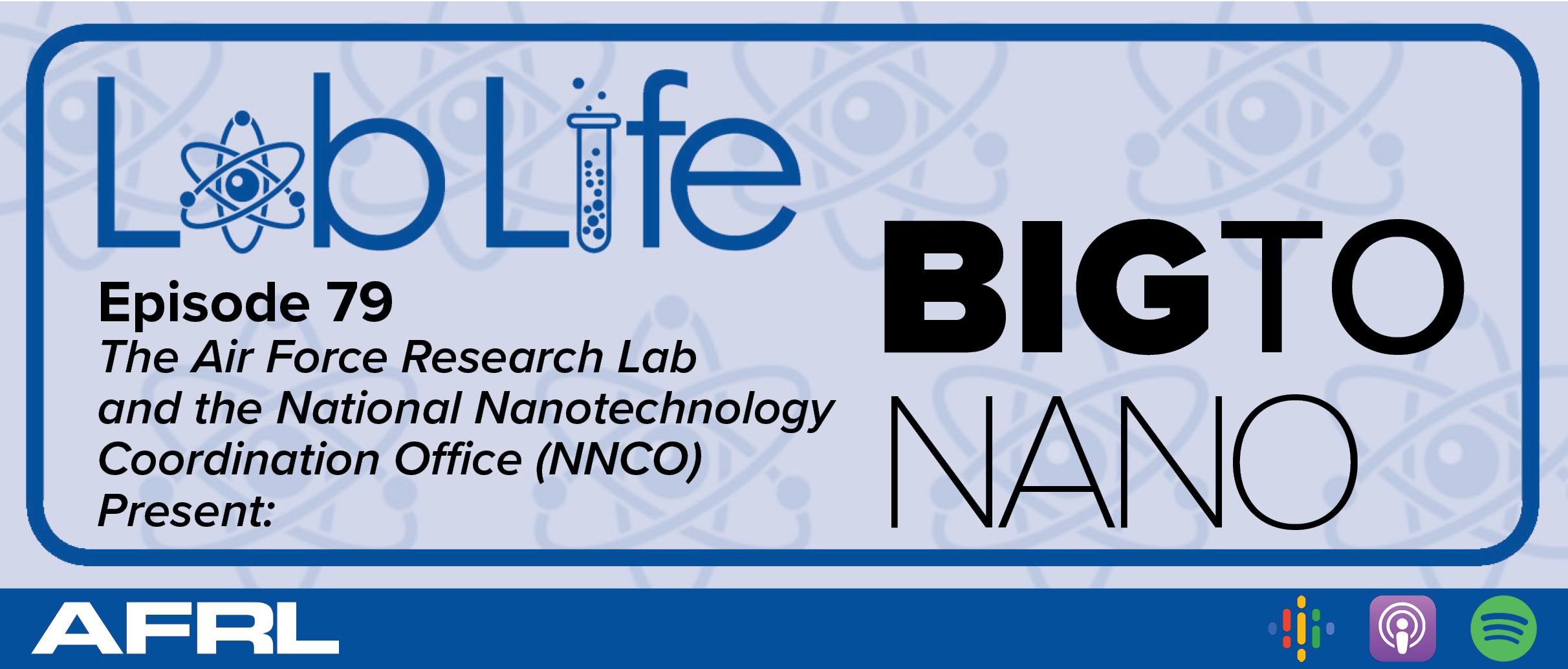 Blue graphic that showcases the Lab Life Podcast logo in stylized font and has the episode title bolded to the right reading: Big to Nano