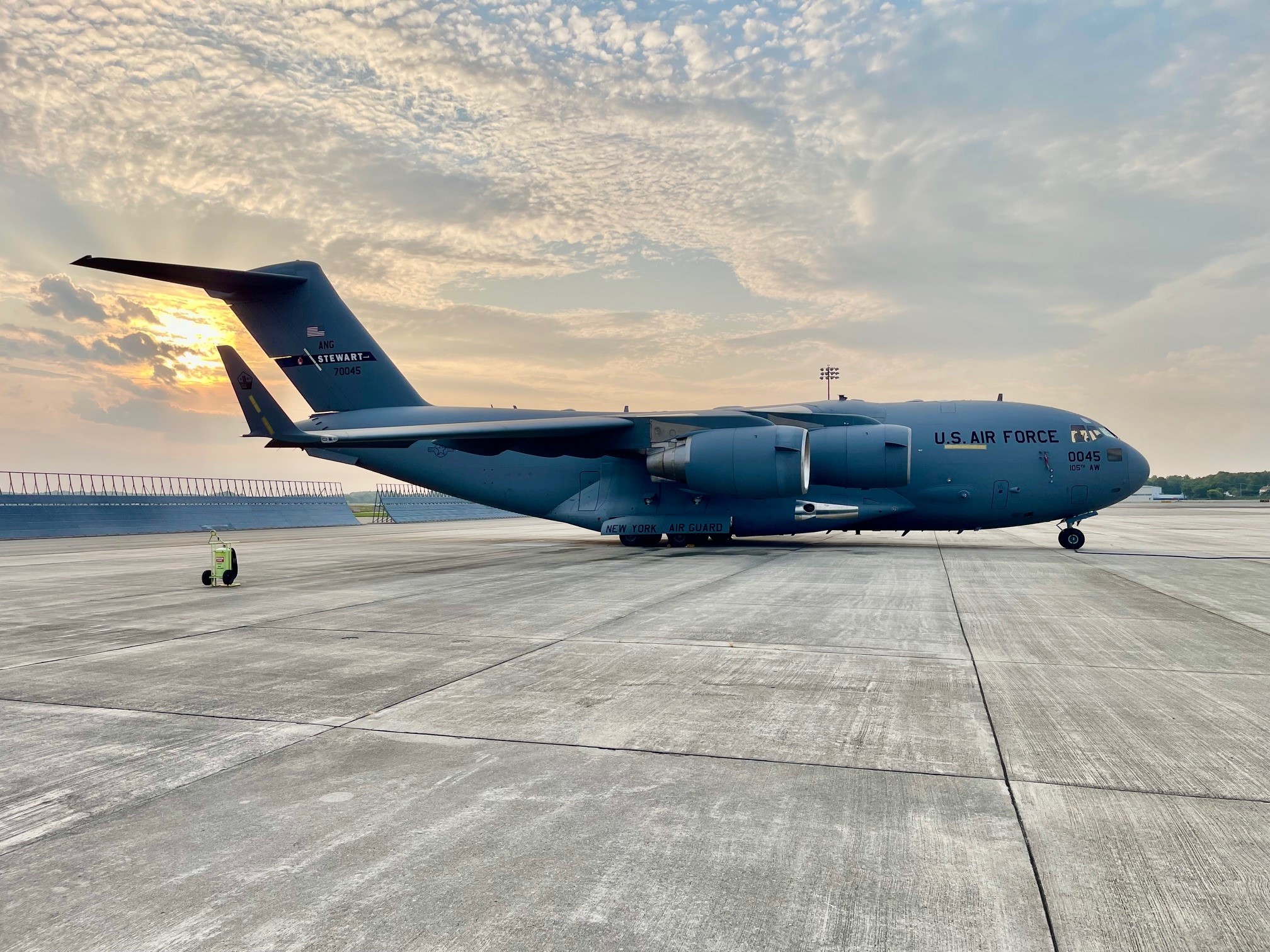 A C-17 Globemaster III with microvanes successfully installed waits on the flight line at Stewart Air National Guard Base.